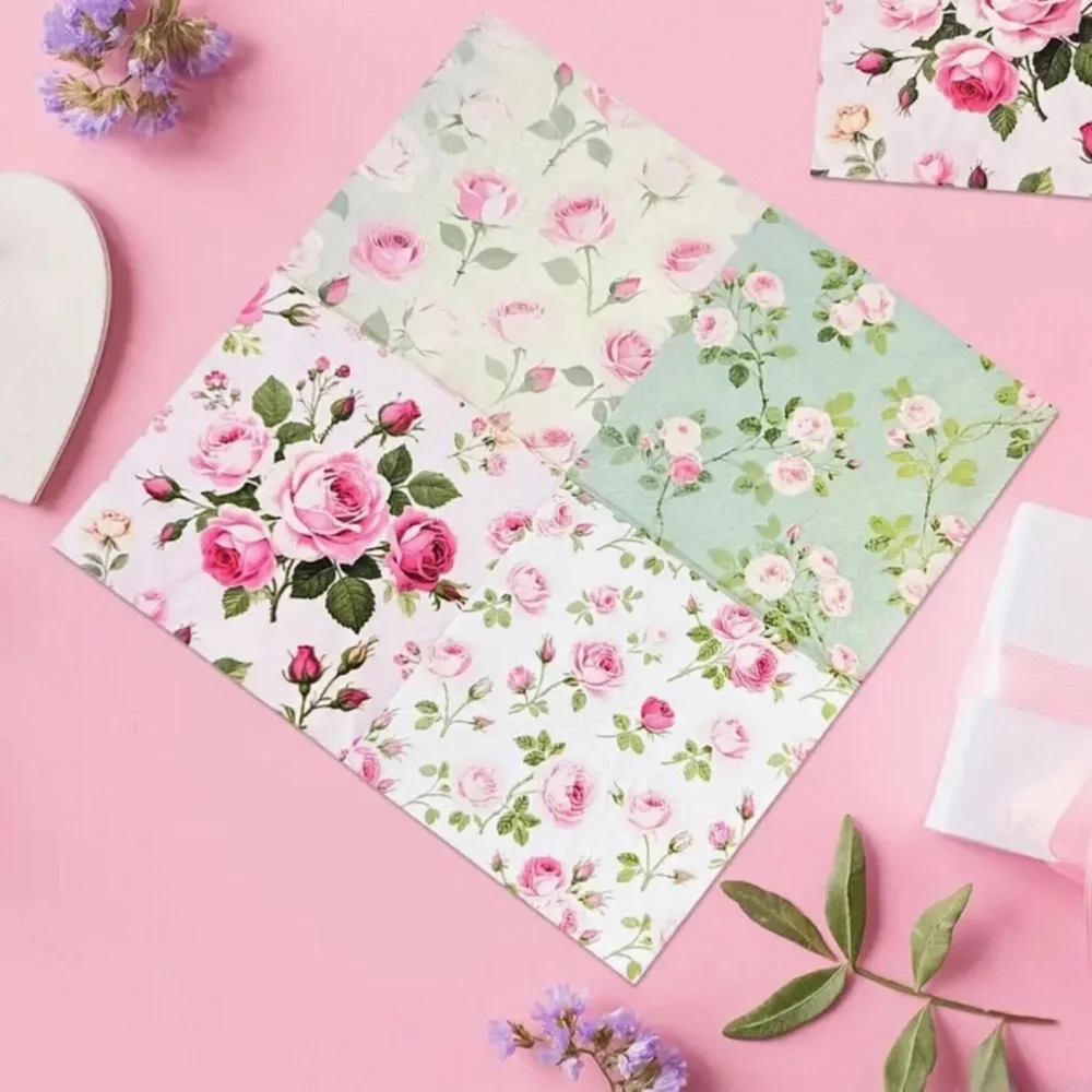 Set of 20 Four Unique Designs of Roses in One Floral Luncheon Napkins